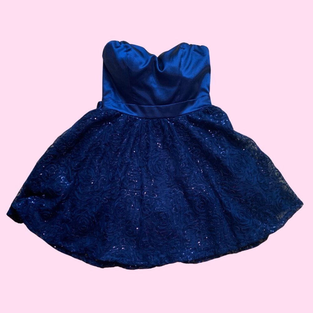 Lily Rose Strapless Navy Blue Lace Sparkle Party Prom Wedding Dress - Juniors 11